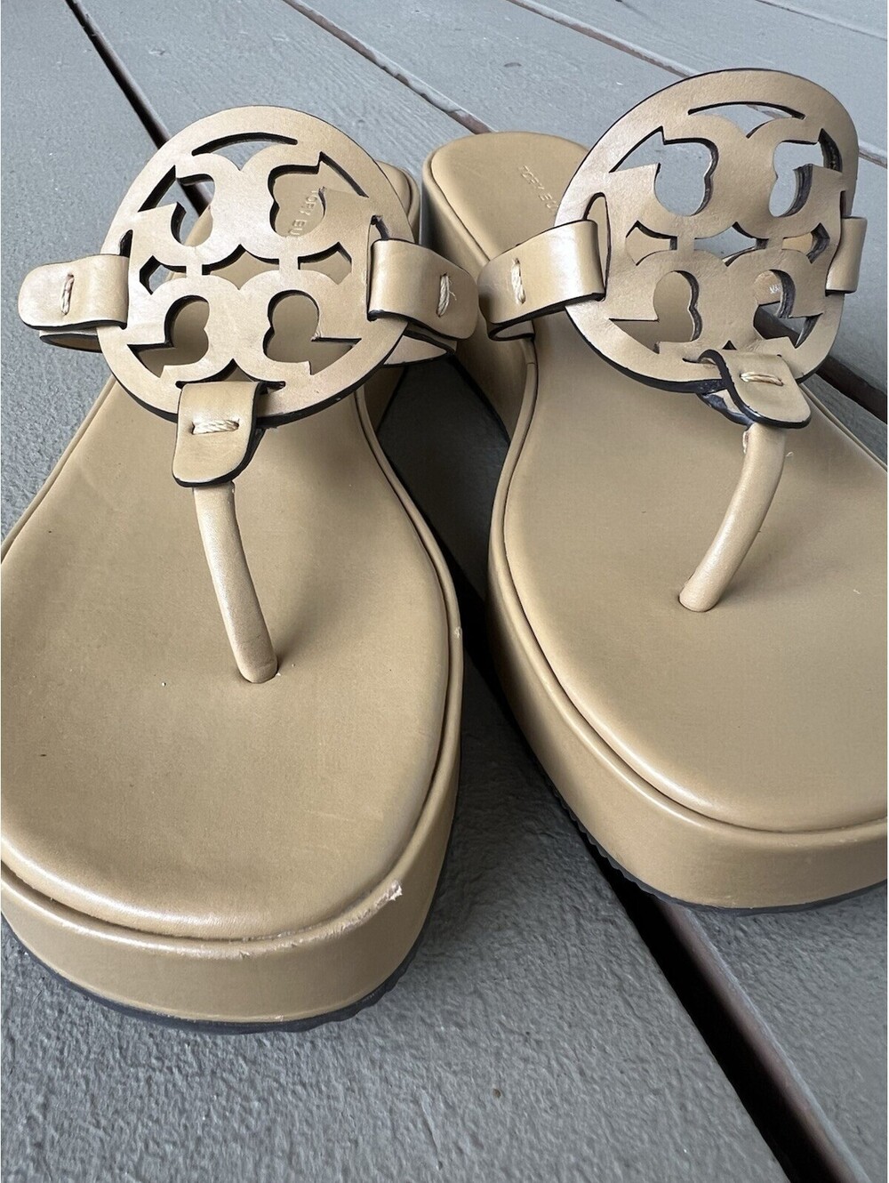TORY BURCH Miller Wedge Sandals Ginger Shortbread Leather Women's Shoes 7.5 - Picture 7 of 15